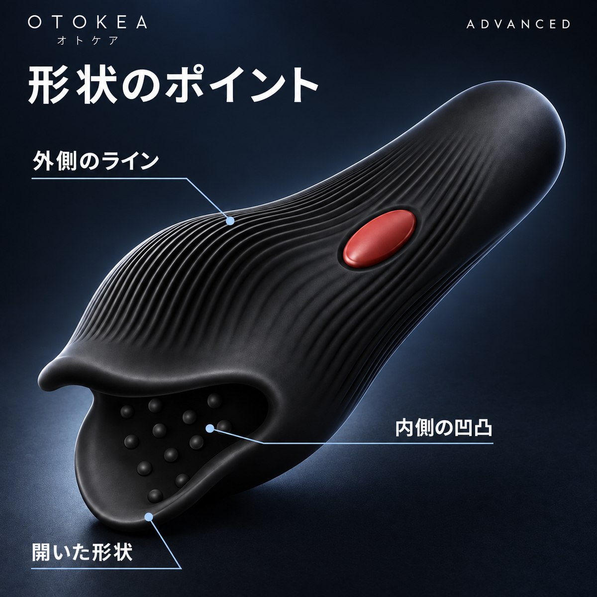 OTOKEA ADVANCEDの形状を示す画像。外側のライン、内側の凹凸、開いた形状を表示。