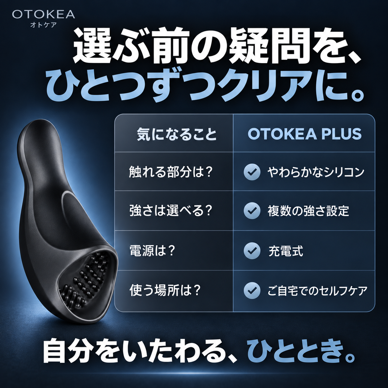ネイビーとシルバーのOTOKEA PLUS案内画像。製品の横に、シリコン素材、強さ設定、充電式、ご自宅でのセルフケアについての表を配置。